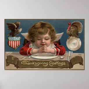 Kind, das an der Abendessen-Tabelle betet Poster
