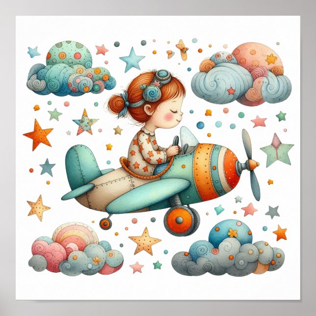 Kind, das ein Propeller-Flugzeug fliegt Whimsical- Poster (Vorne)