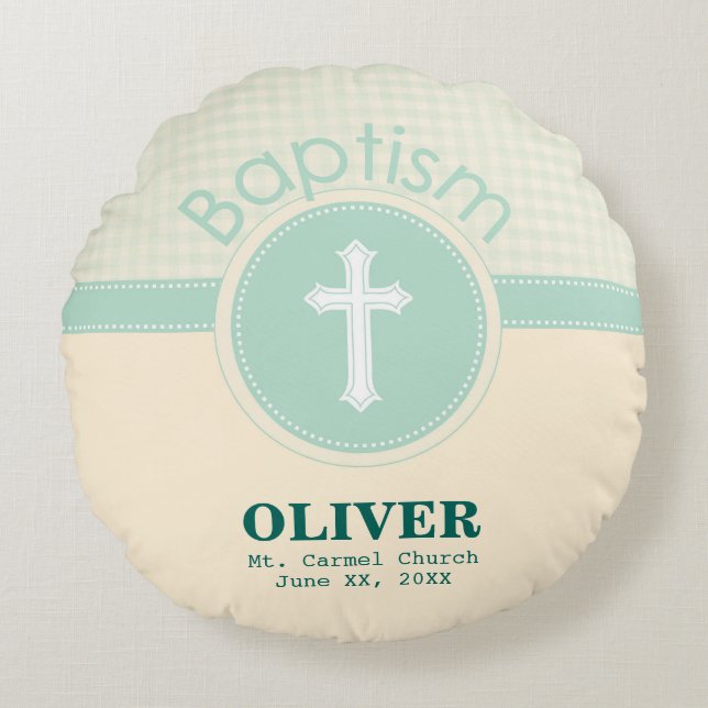 Kind der Taufe Gottes, neutrales Grün des Geschlec Rundes Kissen (Vorderseite)