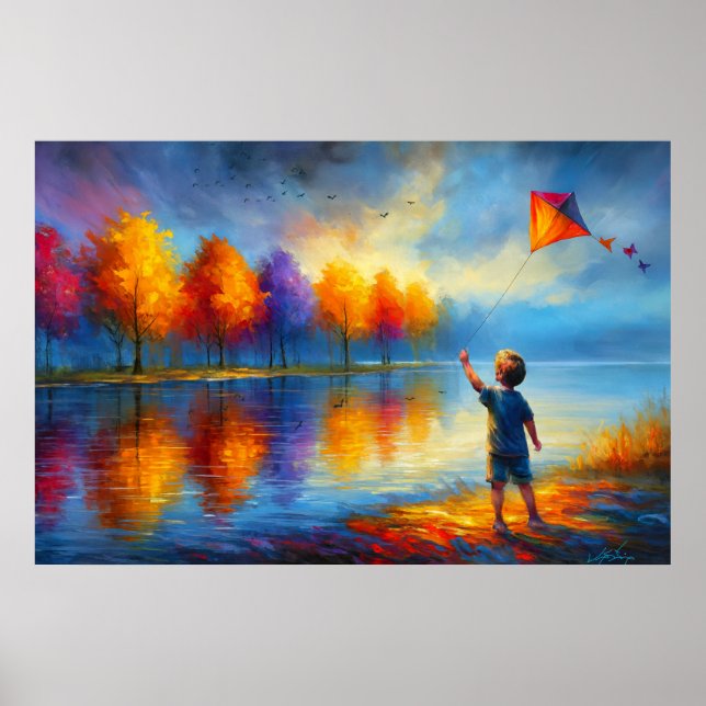 Kind fliegt Drachen am Herbstfluss Poster (Vorne)