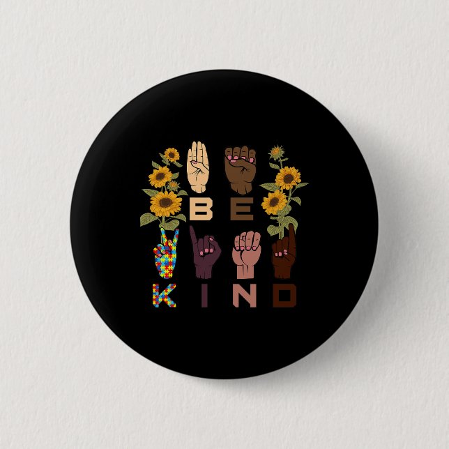 Kind-Gebärdensprache Hand Sonnenblumen Autismus Be Button (Vorderseite)