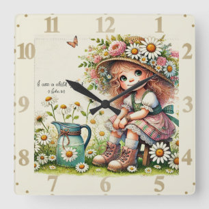 Kind Gottes Gänseblümchen Mädchen Quadratische Wanduhr