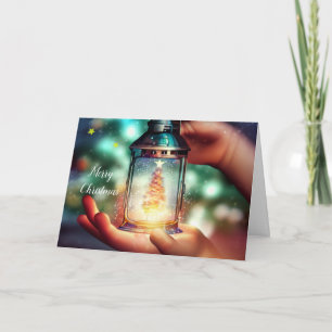 Kind hält Weihnachtslaterne  Feiertagskarte