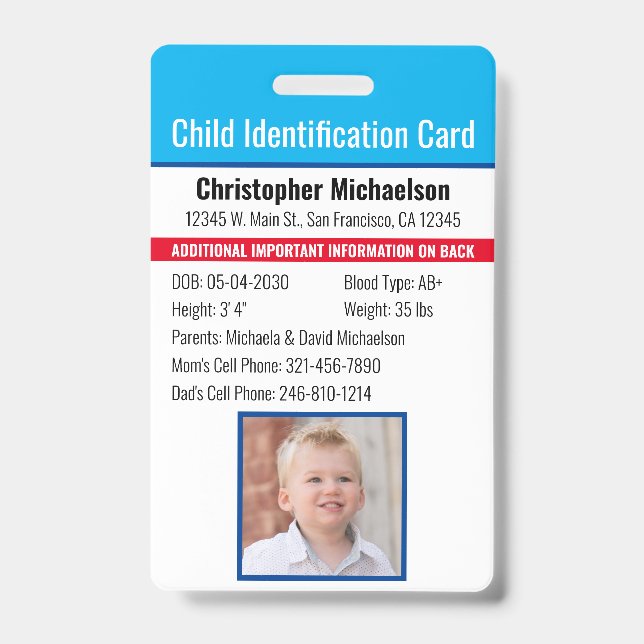 Kind-ID-Identifikation Notfallallergie-Foto Ausweis (Vorderseite)
