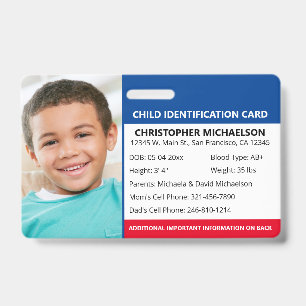Kind ID Identifikations-Notfall-Allergie-Foto Ausweis