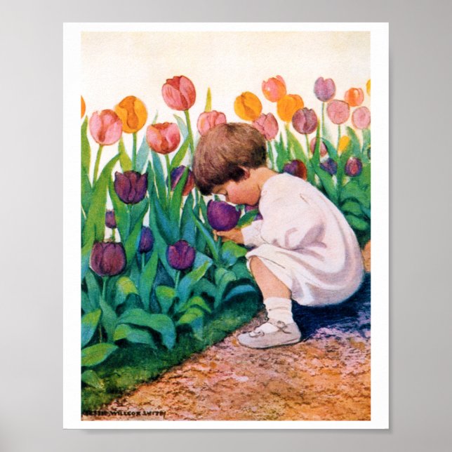 Kind im Blumengarten Tulip, Jessie Willcox Smith Poster (Vorne)