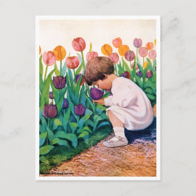 Kind im Blumengarten Tulip, Jessie Willcox Smith Postkarte (Vorderseite)