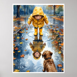 Kind im gelben Regenmantel Pfütze mit Hund Fleece Poster