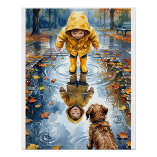 Kind im gelben Regenmantel Pfütze mit Hund Fleece Poster