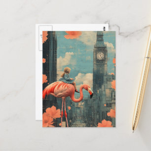 Kind in einem blauen Kleid reitet auf einem rosa F Postkarte