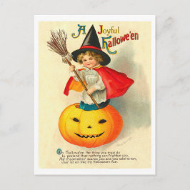 Kind in Hexenkostüm auf geschnitztem Kürbis, Vinta Postkarte