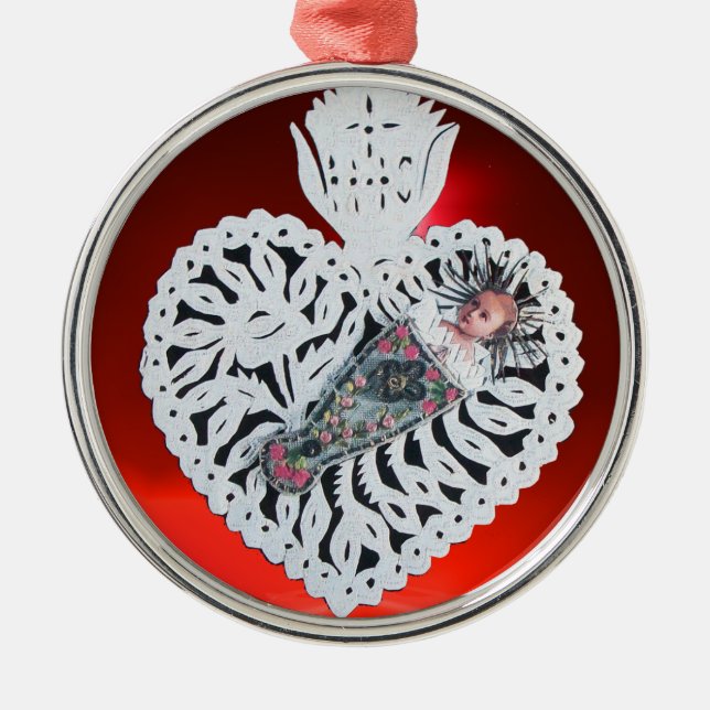 Kind Jesus, Antiquitätenherz Papier Carving Silbernes Ornament (Vorne)