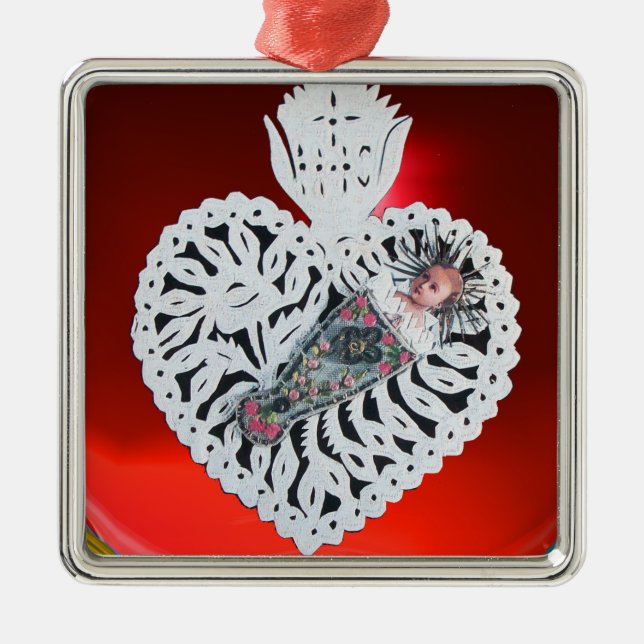 Kind Jesus, Antiquitätenherz Papier Carving Silbernes Ornament (Vorne)