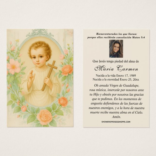 Kind Jesus Guadalupe spanische Trauerfeier Gebet (Vorne & Hinten)
