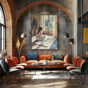 Kind malt in sonnendurchflutetem Raum – Impression Poster