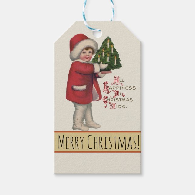 Kind mit Christbaum Vintage Illustration Kunst Geschenkanhänger (Vorderseite)