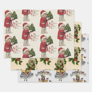 Kind mit Christbaum Vintage Illustration Kunst Geschenkpapier Set