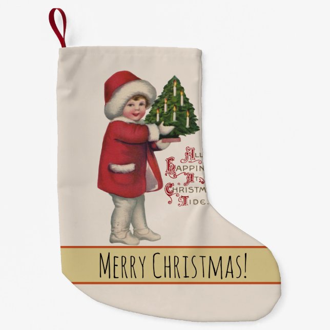 Kind mit Christbaum Vintage Illustration Kunst Kleiner Weihnachtsstrumpf (Vorderseite)