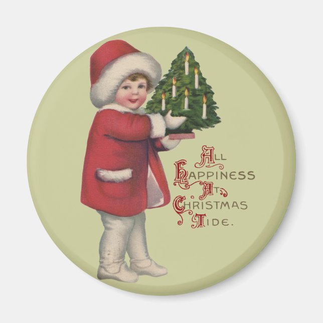 Kind mit Christbaum Vintage Illustration Kunst Magnet (Vorne)