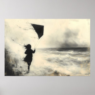 Kind mit Drachen am Meer in Kohle Kunst Poster