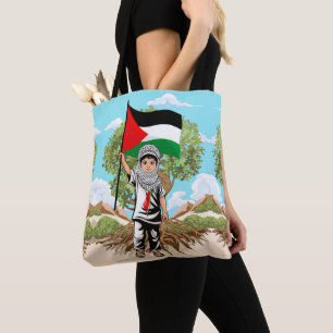 Kind mit Keffiyeh Palästina-Flagge und Olivenbaum