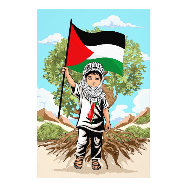Kind mit Keffiyeh Palästina-Flagge und Olivenbaum Fotodruck (Vorne)