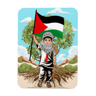 Kind mit Keffiyeh Palästina-Flagge und Olivenbaum Magnet