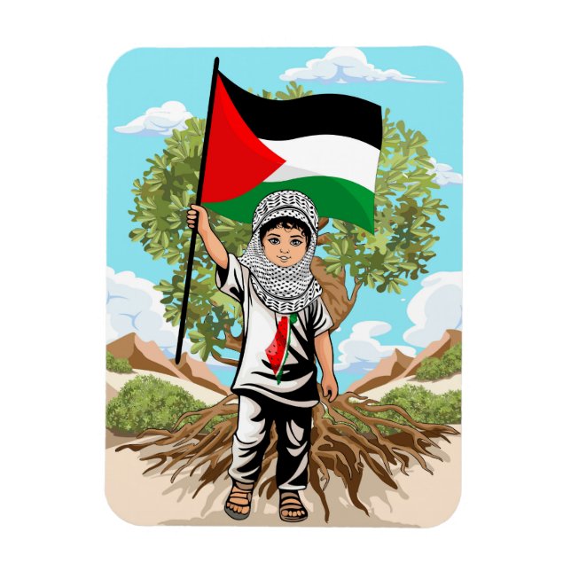 Kind mit Keffiyeh Palästina-Flagge und Olivenbaum Magnet (Vertikal)