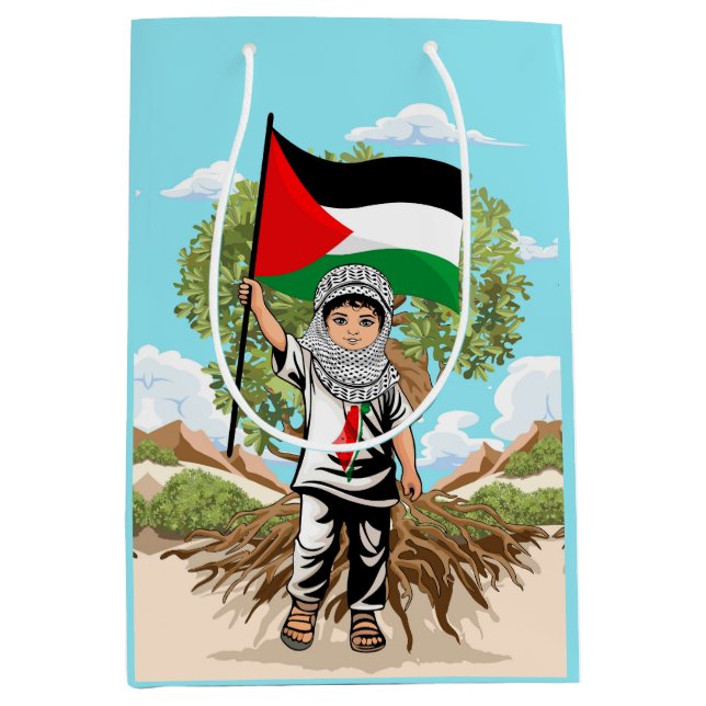 Kind mit Keffiyeh Palästina-Flagge und Olivenbaum Mittlere Geschenktüte (Vorderseite)