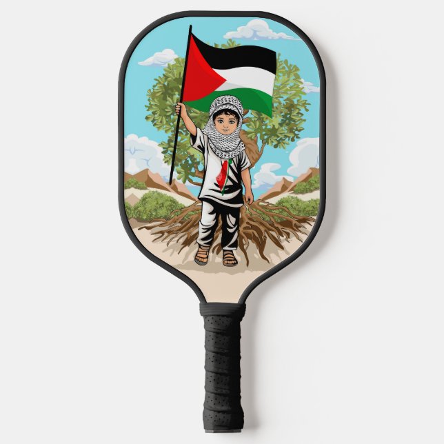 Kind mit Keffiyeh Palästina-Flagge und Olivenbaum Pickleball Schläger (Vorderseite)
