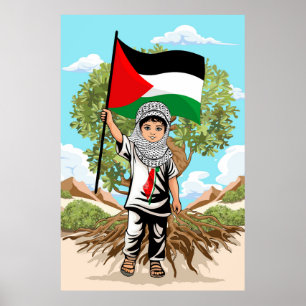 Kind mit Keffiyeh Palästina-Flagge und Olivenbaum Poster