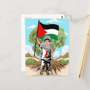 Kind mit Keffiyeh Palästina-Flagge und Olivenbaum Postkarte