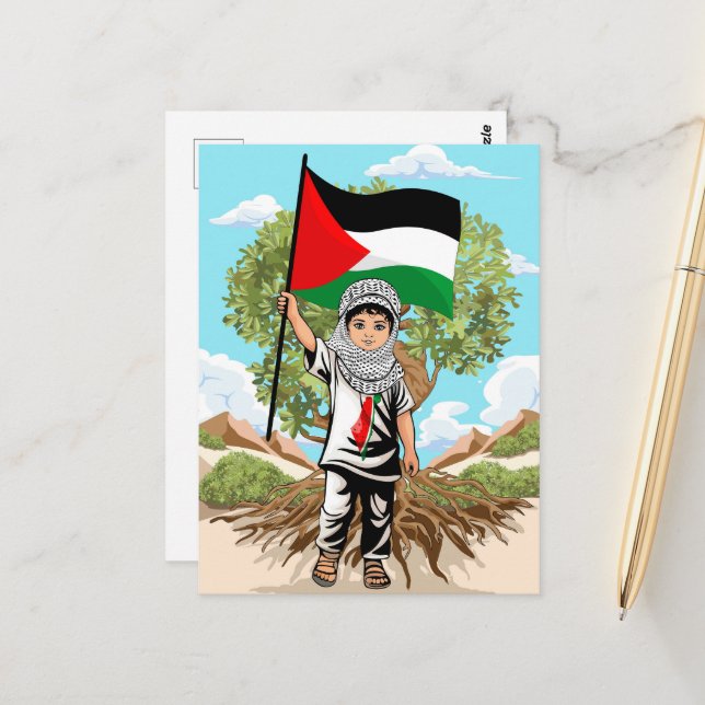 Kind mit Keffiyeh Palästina-Flagge und Olivenbaum Postkarte (Vorderseite/Rückseite Beispiel)