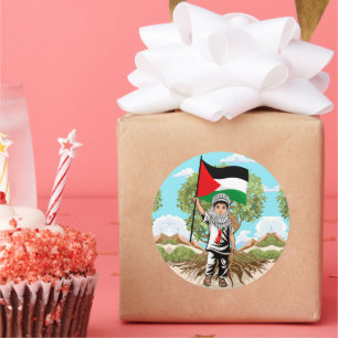 Kind mit Keffiyeh Palästina-Flagge und Olivenbaum Runder Aufkleber