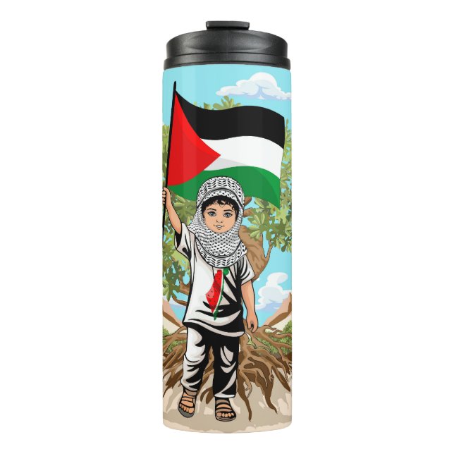 Kind mit Keffiyeh Palästina-Flagge und Olivenbaum Thermosbecher (Vorderseite)