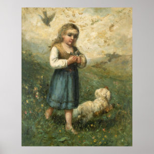 Kind mit Vögeln und Hund - Edward Banister Poster