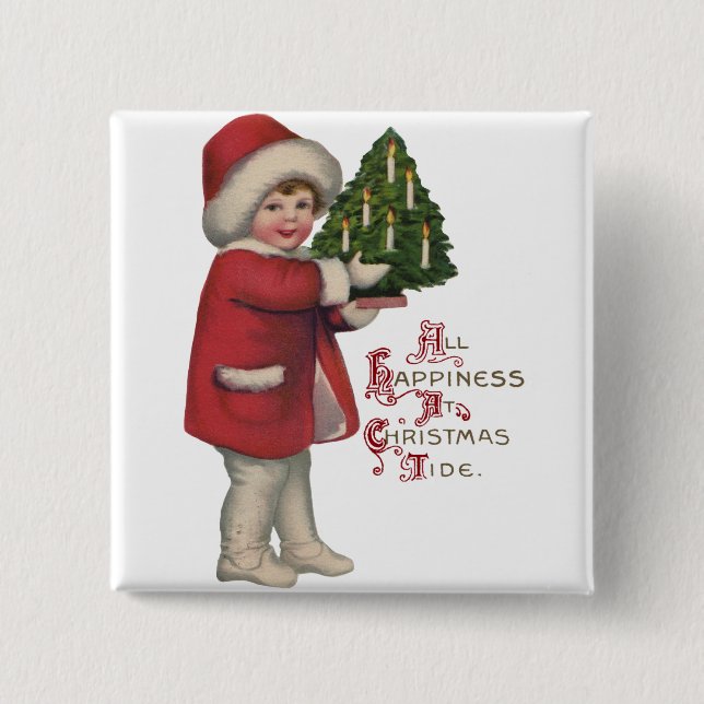 Kind mit Weihnachtsbaum Vintage-Illustrationskunst Button (Vorderseite)