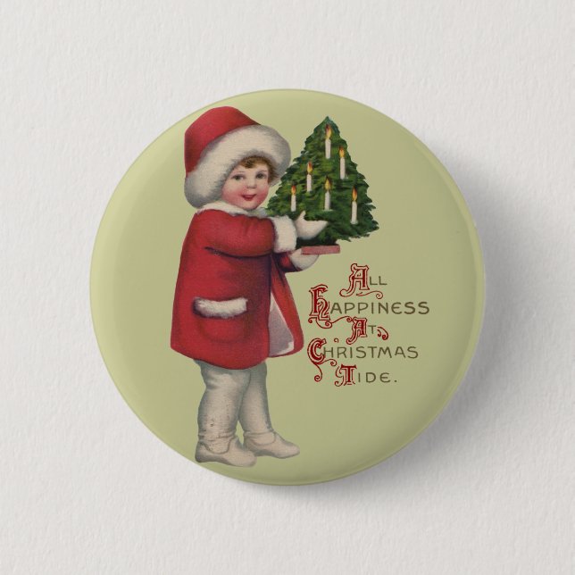Kind mit Weihnachtsbaum Vintage-Illustrationskunst Button (Vorderseite)