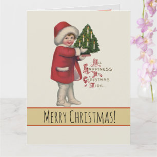 Kind mit Weihnachtsbaum-Vintage-Illustrationskunst Karte