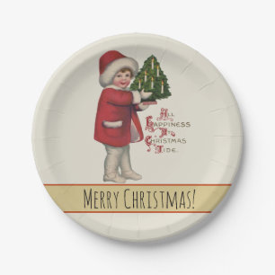 Kind mit Weihnachtsbaum Vintage-Illustrationskunst Pappteller