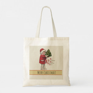 Kind mit Weihnachtsbaum Vintage-Illustrationskunst Tragetasche