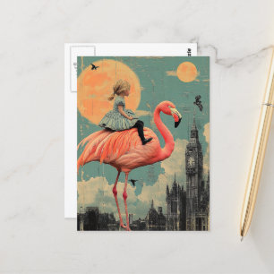 Kind reitet auf einem rosa Flamingo Postkarte