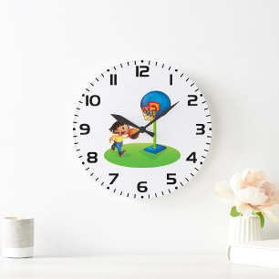 Kind spielt Basketball mit Korb Spaß Sport Große Wanduhr