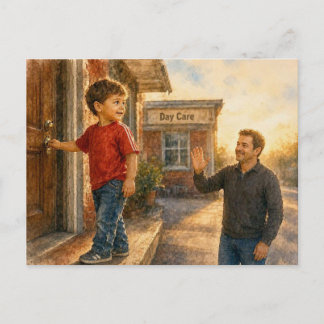 Kind tritt mit Vater in die Tagesstätte ein, Postkarte