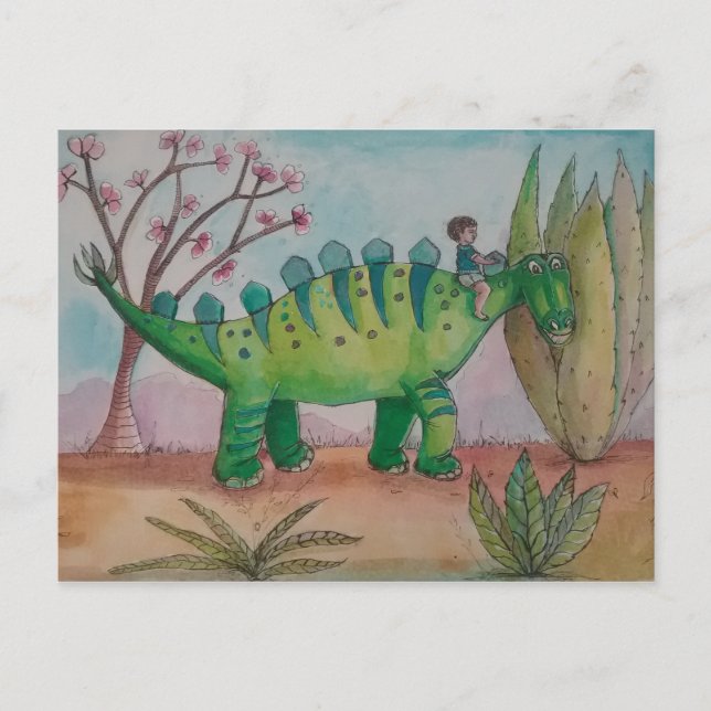 Kind und sein Haustier Dinosaurier Postkarte (Vorderseite)