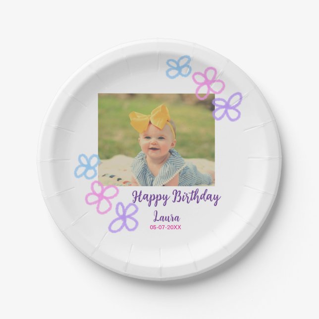 Kinder 1 Geburtstag hinzufügen Name Datum hinzufüg Pappteller (Vorderseite)