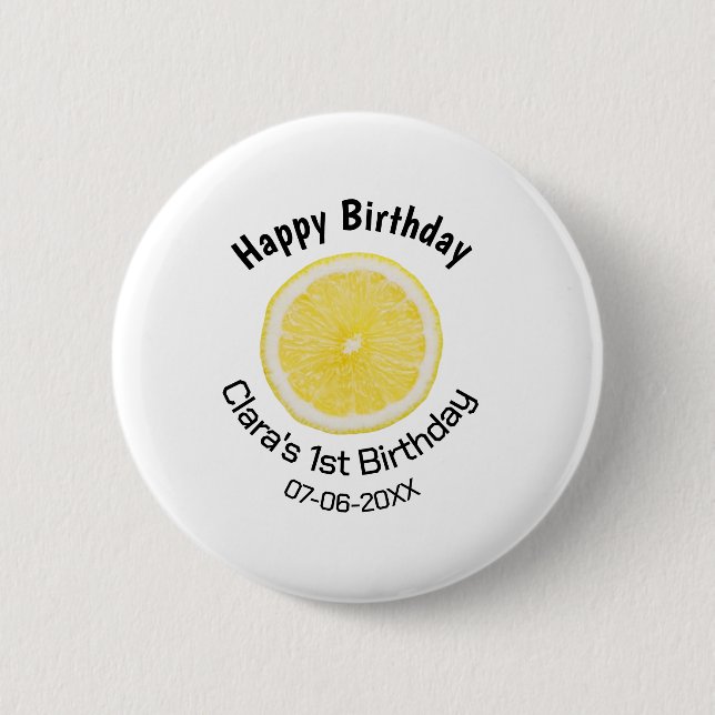 Kinder 1 Geburtstag Zitronenscheibe Name Datum m Button (Vorderseite)