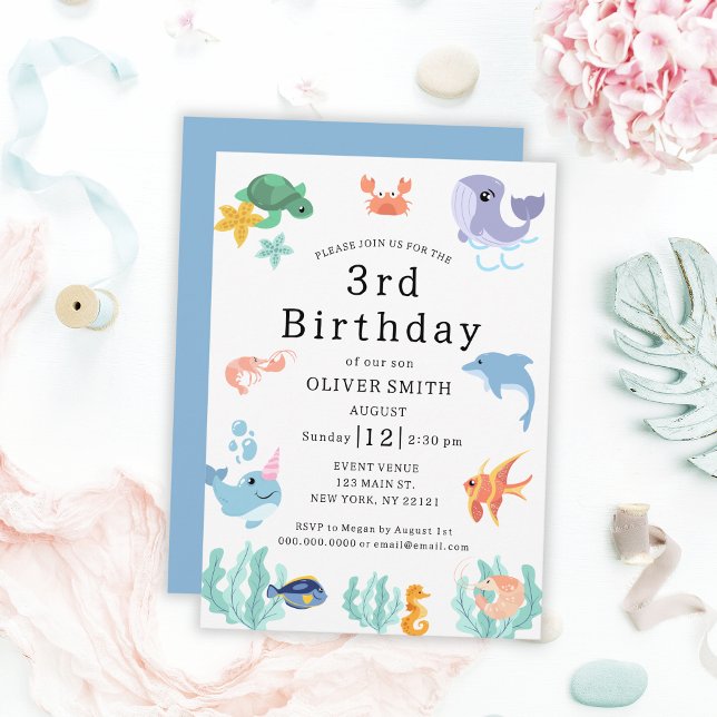 Kinder 3. Geburtstag Party Meerestiere Einladung (Kids 3rd Birthday Party Sea Animals Invitation
)