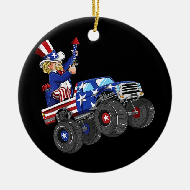 Kinder 4. Juli Uncle Sam Monster Truck Keramik Ornament (Vorne)