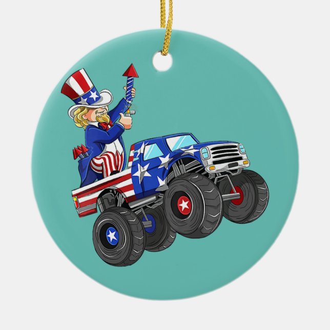Kinder 4. Juli Uncle Sam Monster Truck Keramik Ornament (Vorne)